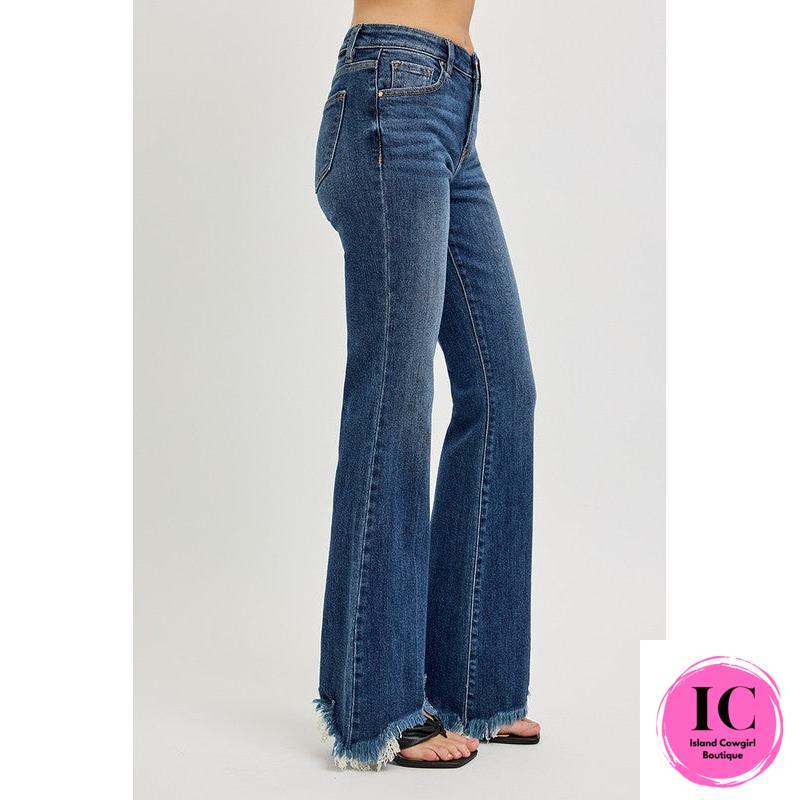 Risen: Mid Rise Flare Frayed Hem Jeans