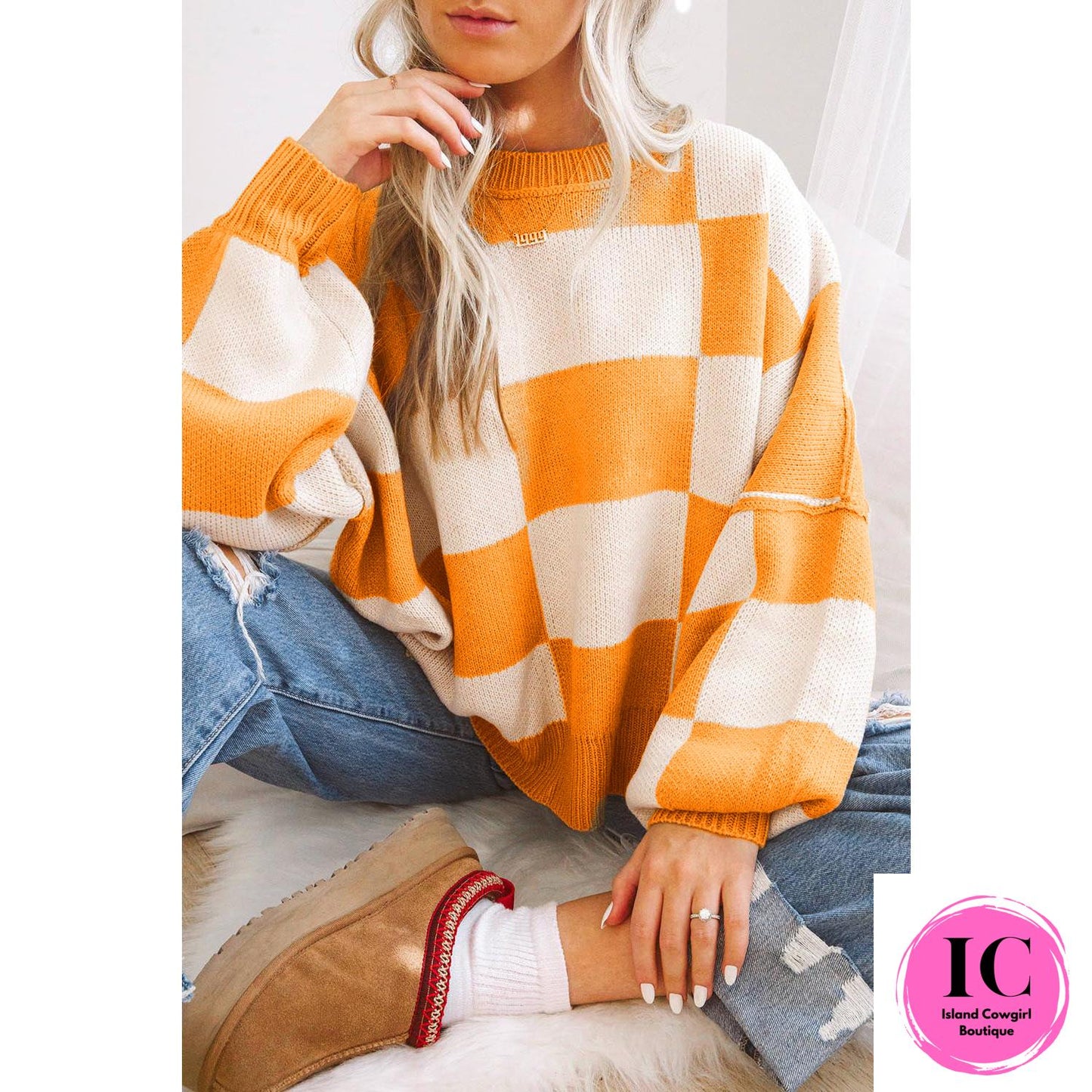 Dark Brown Checkered Bishop Sleeve Sweater