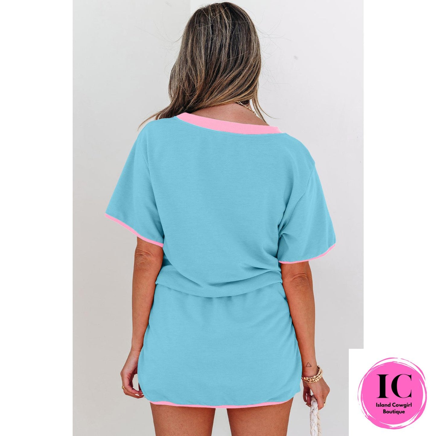 Turquoise Colorblock Edge Drop Shoulder T Shirt and Skort
