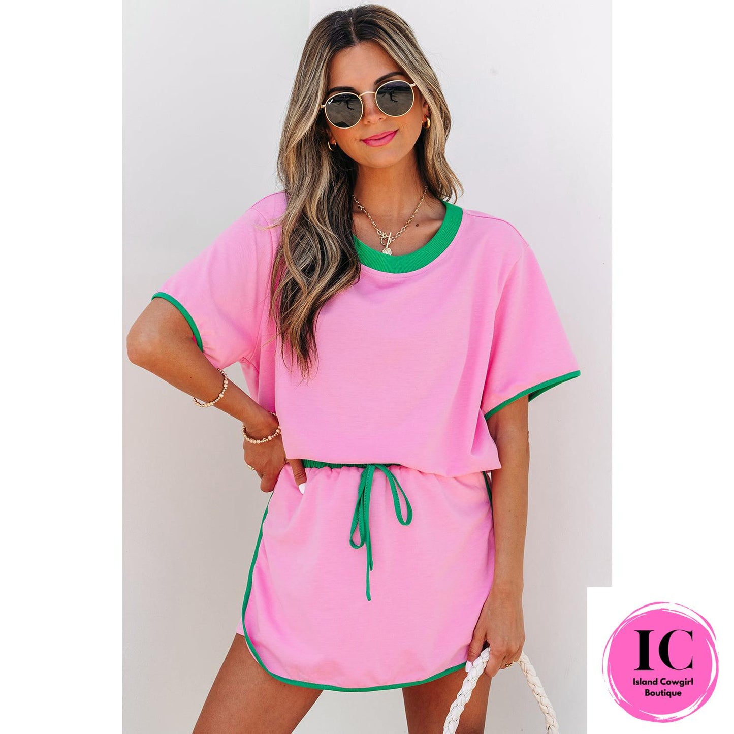 Turquoise Colorblock Edge Drop Shoulder T Shirt and Skort