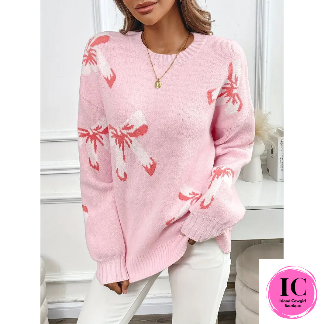 Just A Feeling Pink Bow Print Sweater