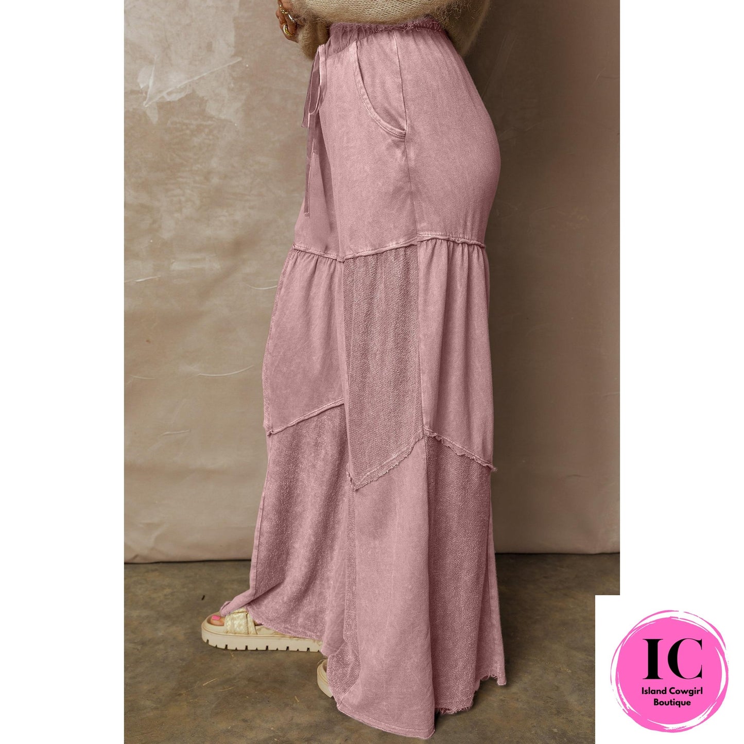 Black Mineral Wash Tiered Wide Leg Patchwork Drawstring Pants