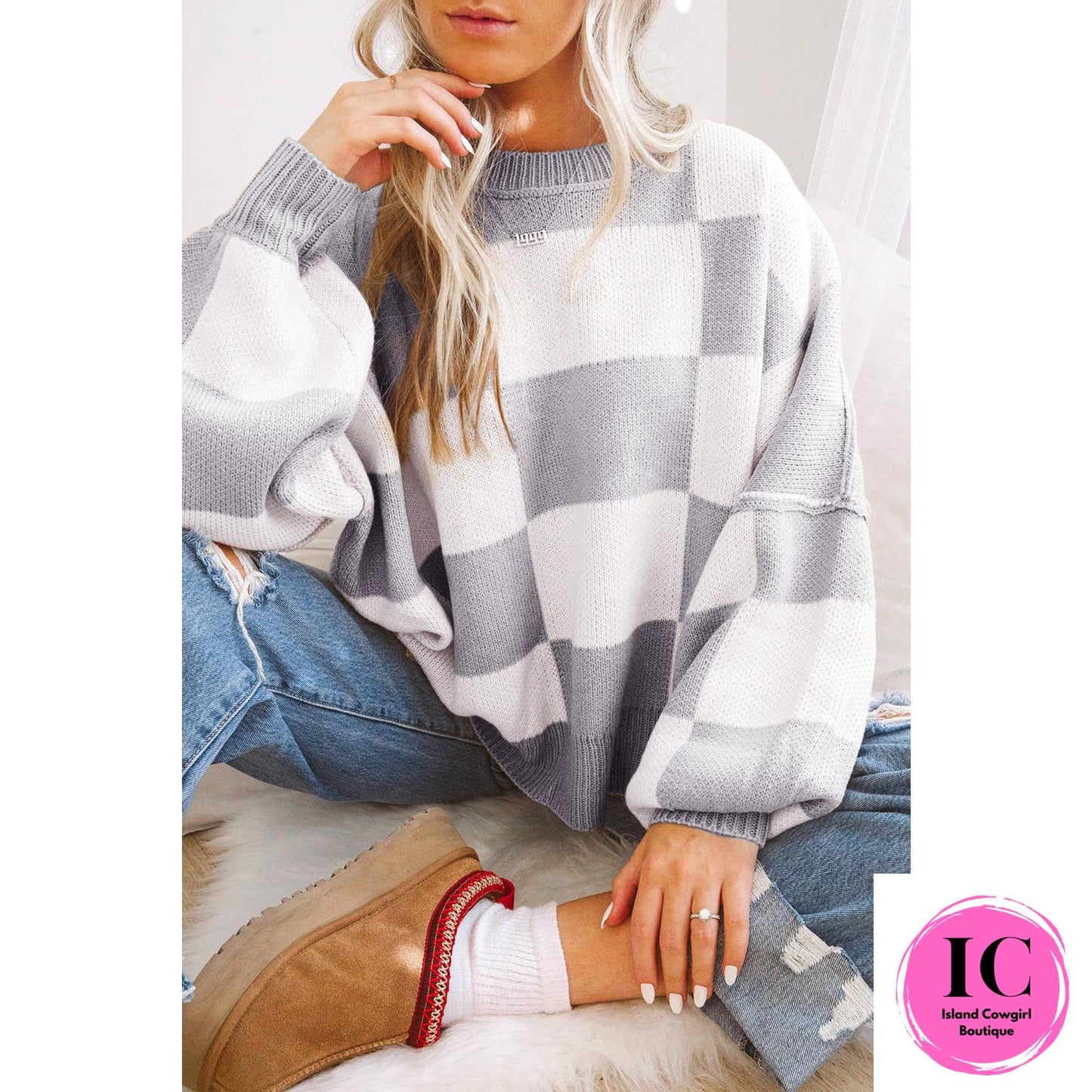 Dark Brown Checkered Bishop Sleeve Sweater