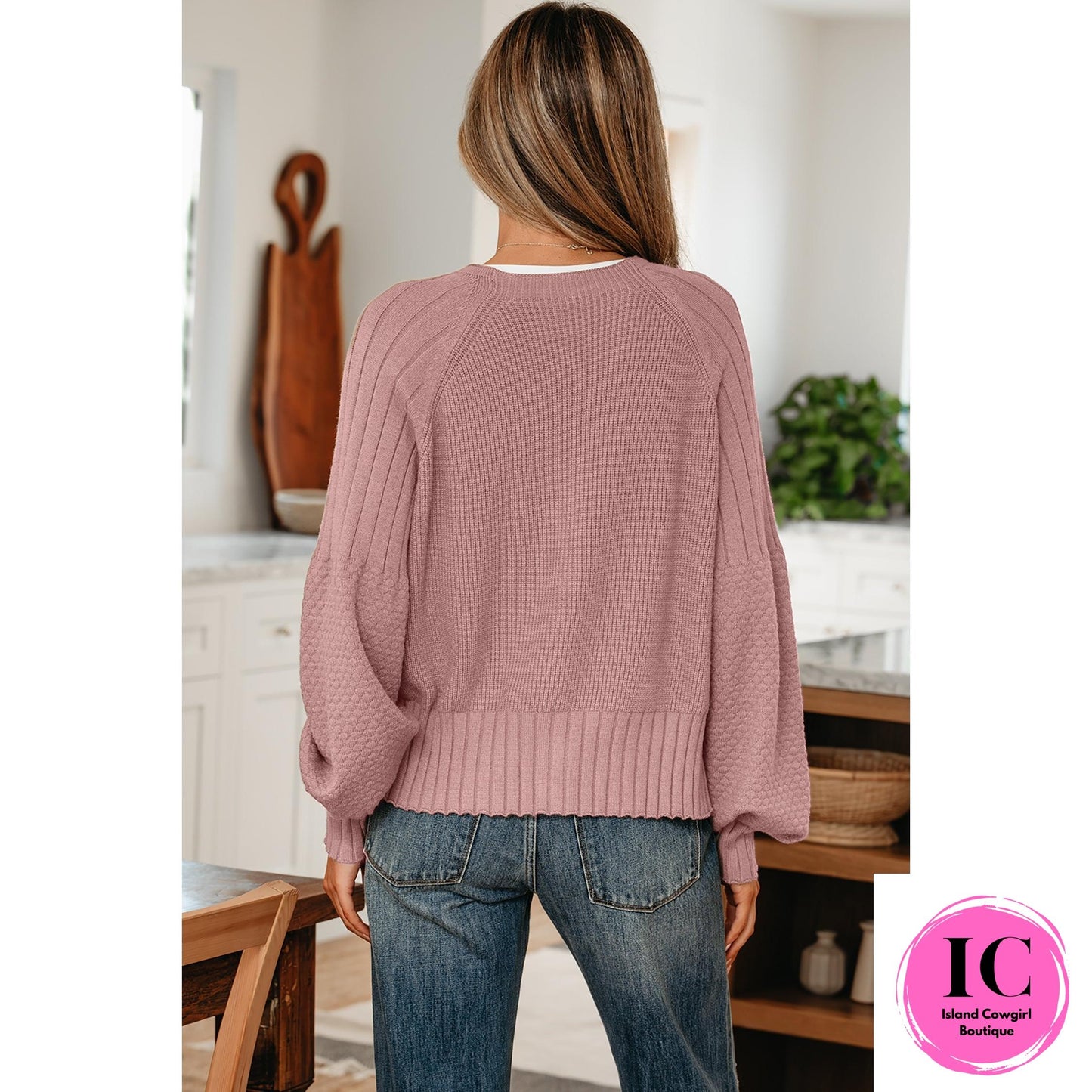 Light Pink Mixed Texture Knit Button V Neck Sweater Cardigan