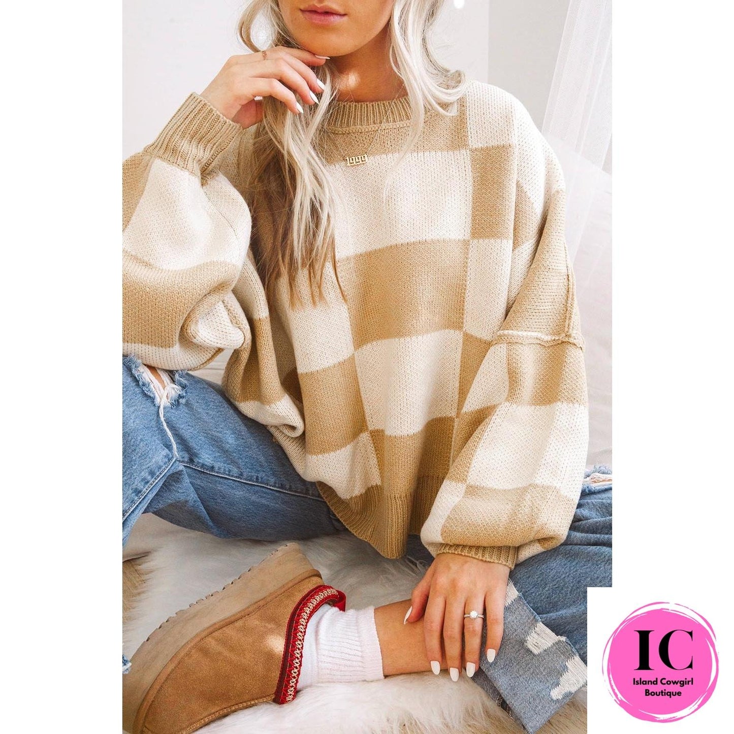 Dark Brown Checkered Bishop Sleeve Sweater