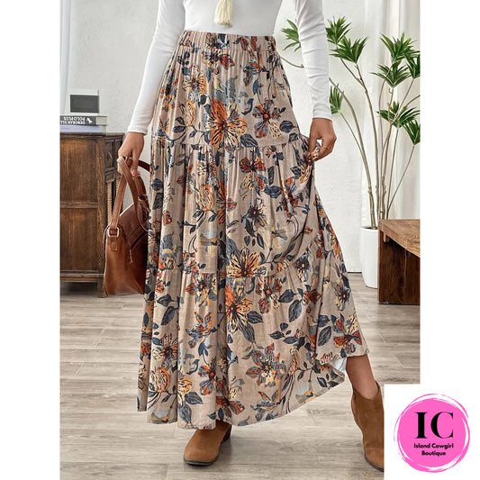 How I Feel Taupe Floral Midi Skirt