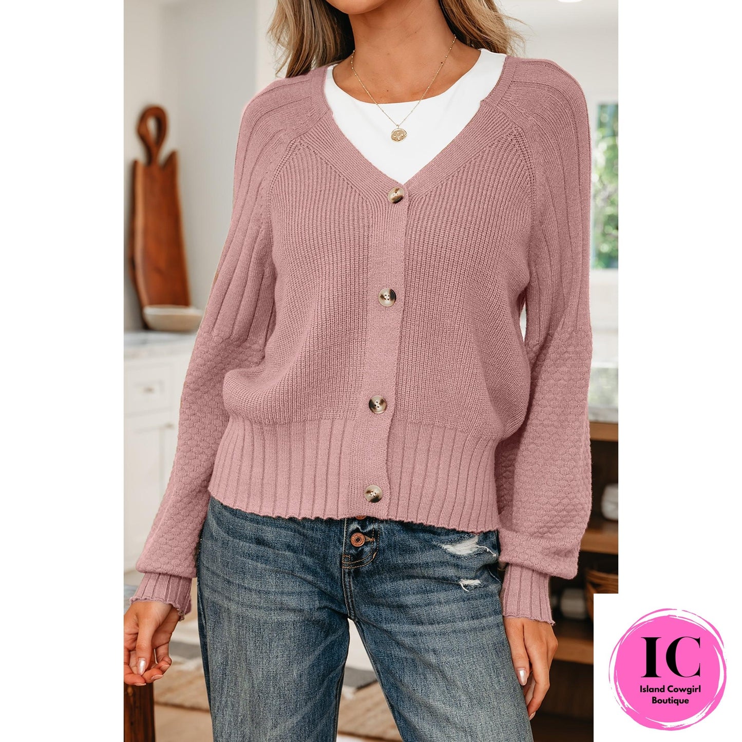 Light Pink Mixed Texture Knit Button V Neck Sweater Cardigan