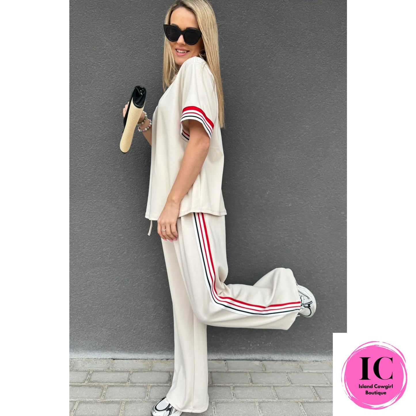 Jet Stream Contrast Striped Trim Crewneck T Shirt Loose Straight Pants Set