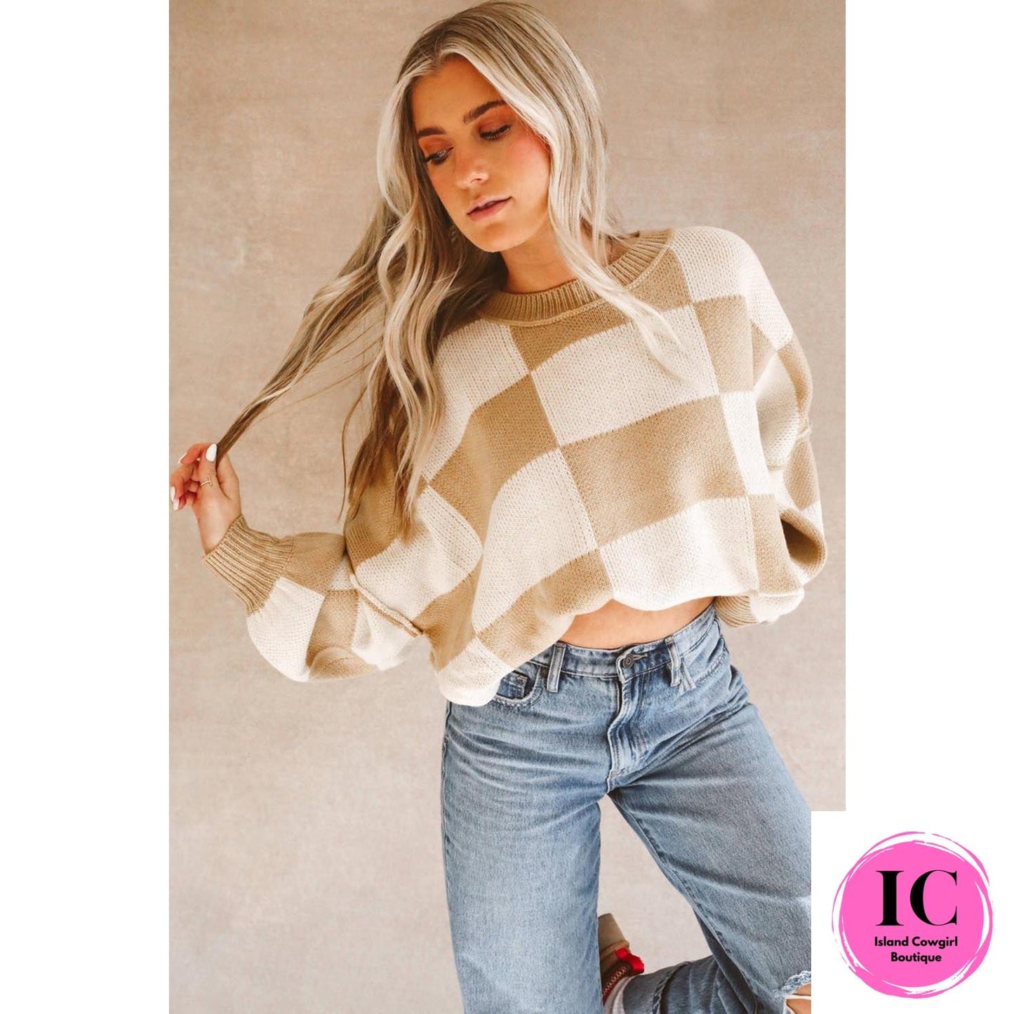 Dark Brown Checkered Bishop Sleeve Sweater