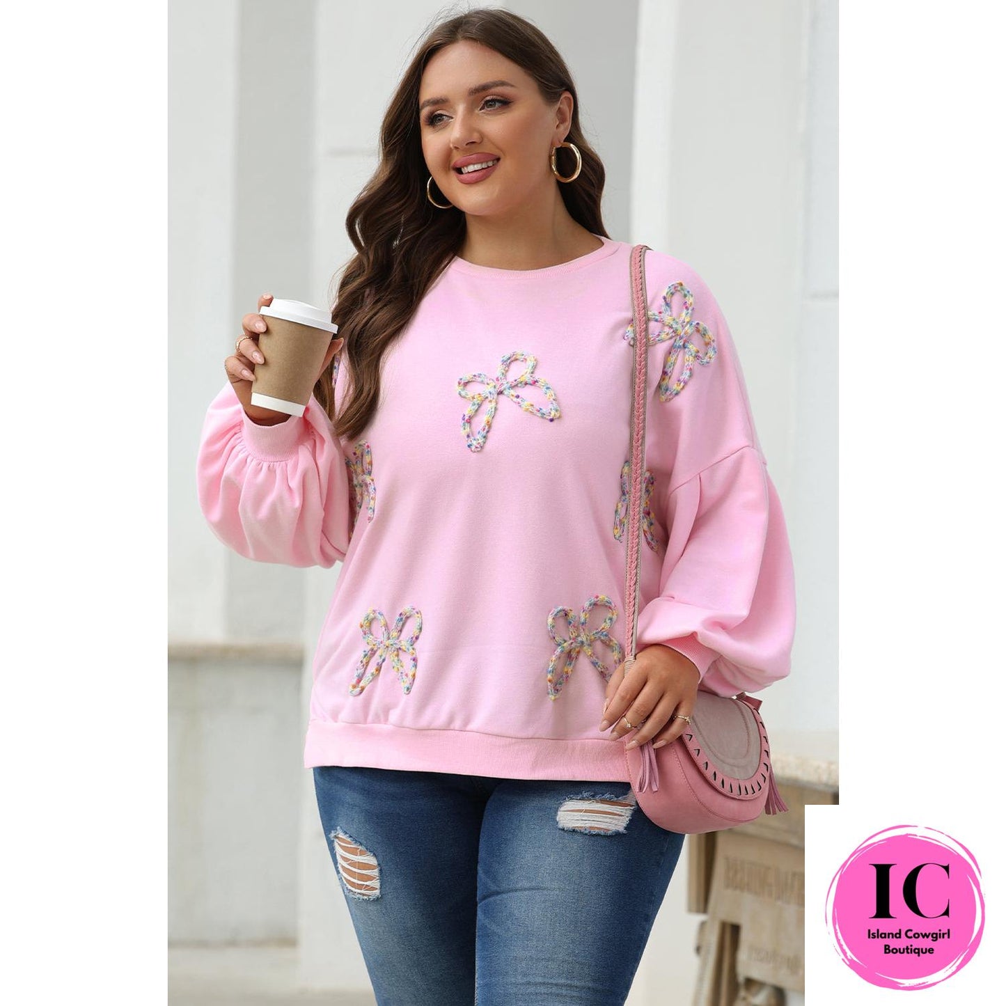 Light Pink Embroidered Bow Lantern Sleeve Oversized Pullover Sweatshirt