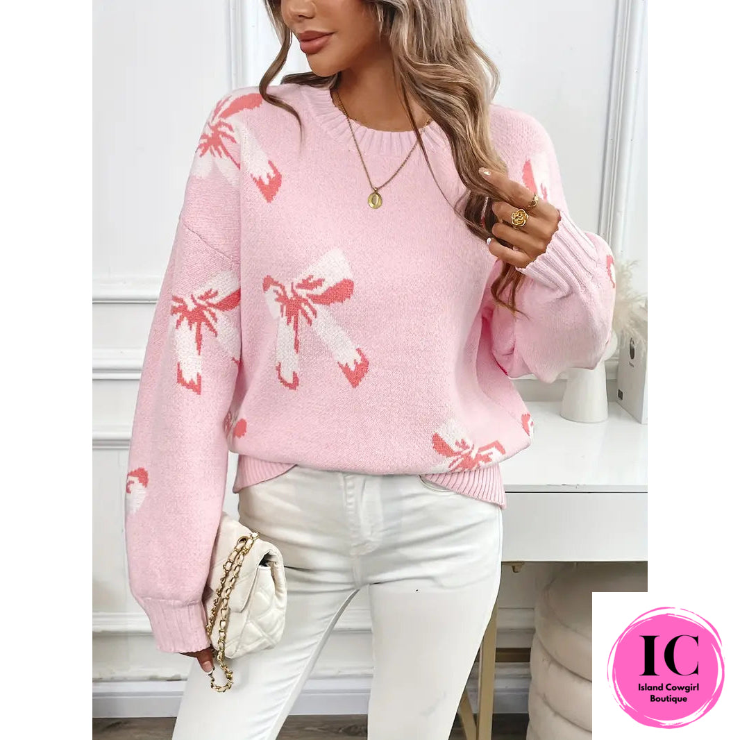 Just A Feeling Pink Bow Print Sweater