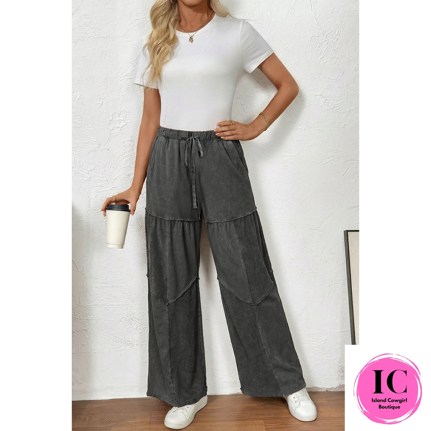 Black Mineral Wash Tiered Wide Leg Patchwork Drawstring Pants