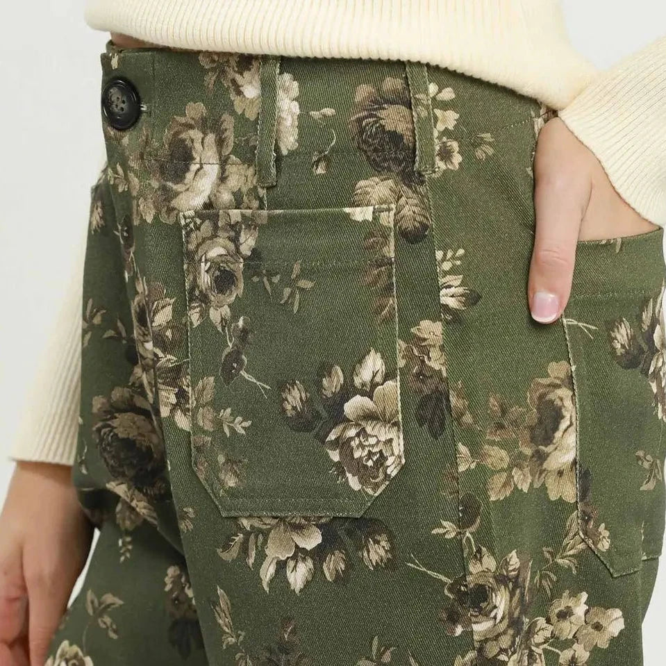 Living For This Olive Floral Wide Leg Jeans
