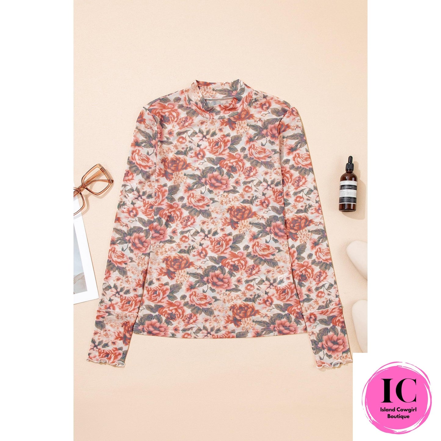 White Retro Floral Print Mock Neck Mesh Long Sleeve Top