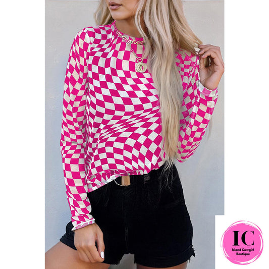 Rose Checkered Pattern Mesh Mock Neck Long Sleeve Top
