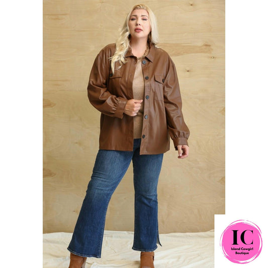 Curvy Girl City Street Faux Leather Carmel Shacket