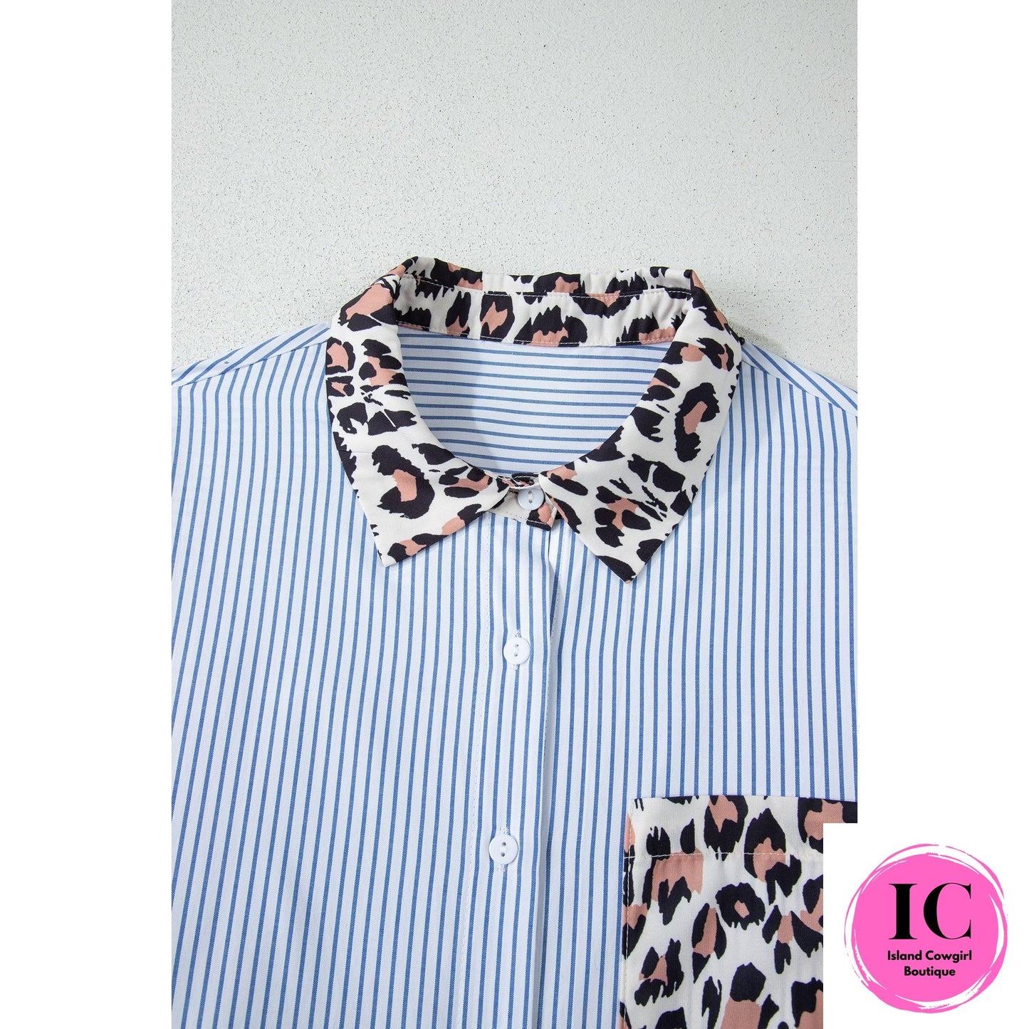 Sky Blue Stripe Colorblock Leopard Patchwork Chest Pocket Cuffed Sleeve Shirt