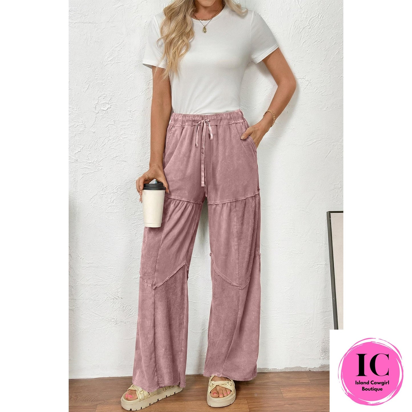 Black Mineral Wash Tiered Wide Leg Patchwork Drawstring Pants