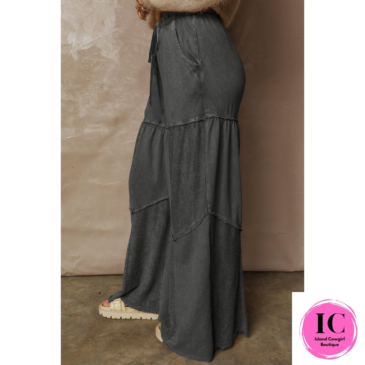 Black Mineral Wash Tiered Wide Leg Patchwork Drawstring Pants