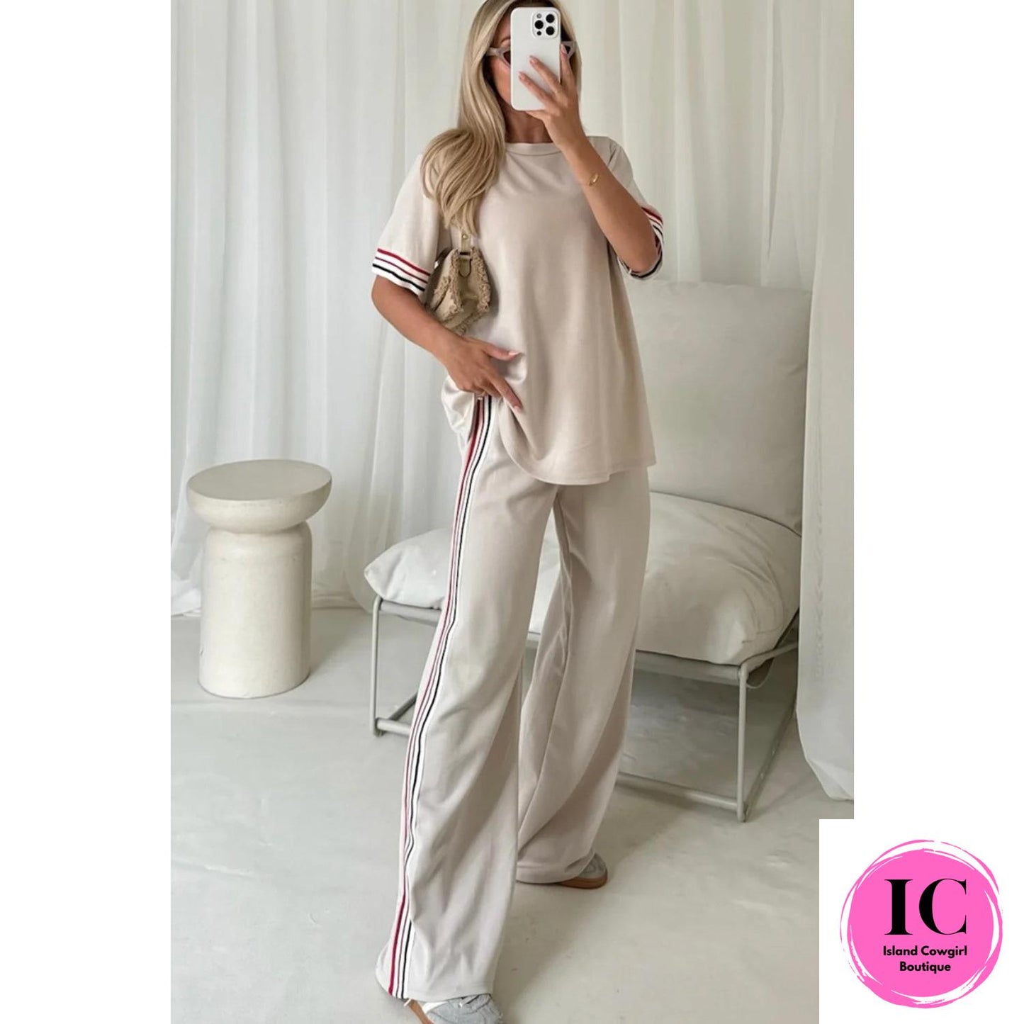 Jet Stream Contrast Striped Trim Crewneck T Shirt Loose Straight Pants Set