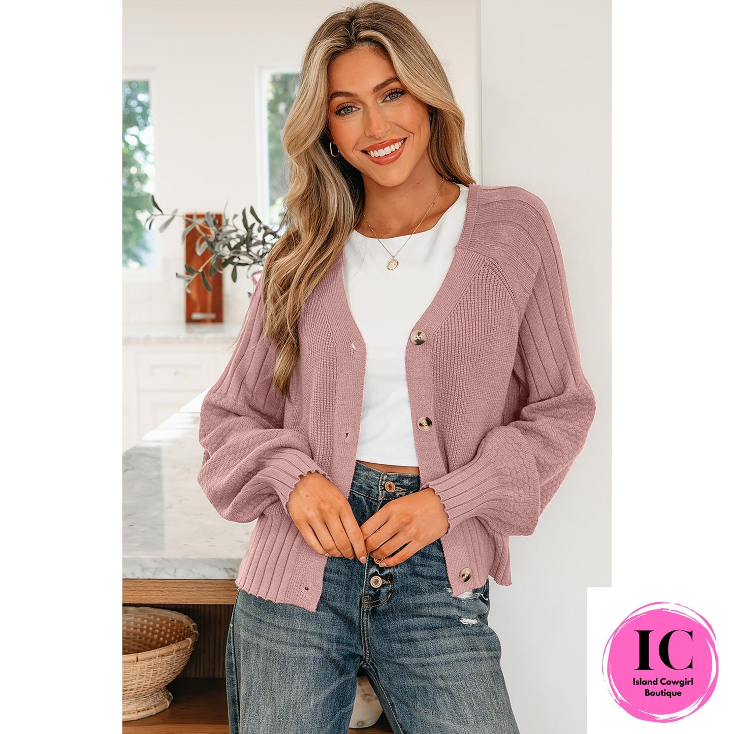 Light Pink Mixed Texture Knit Button V Neck Sweater Cardigan