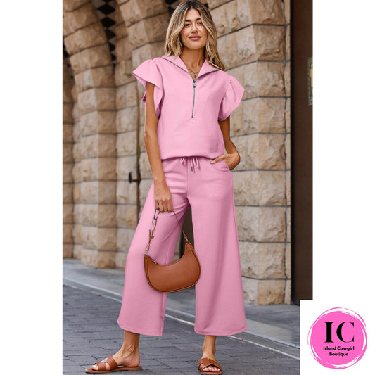 Pink Textured Ruffled Sleeve Zipped Top and Wide Leg Pants Set