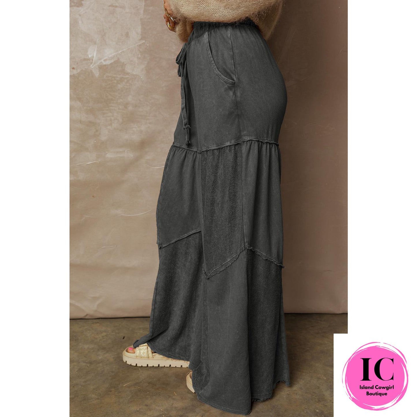 Wild Ginger Careys Mineral Wash Tiered Wide Leg Patchwork Drawstring Pants