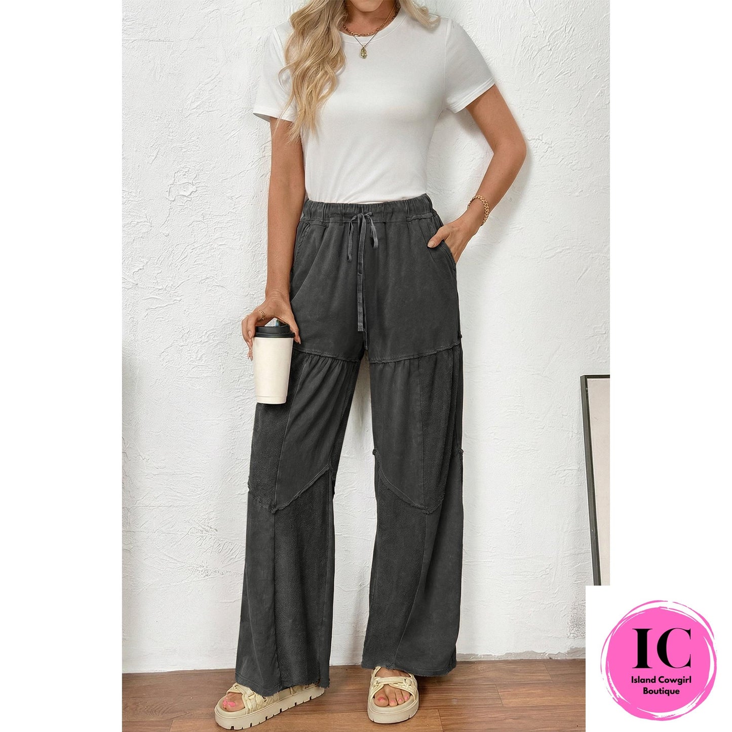 Black Mineral Wash Tiered Wide Leg Patchwork Drawstring Pants