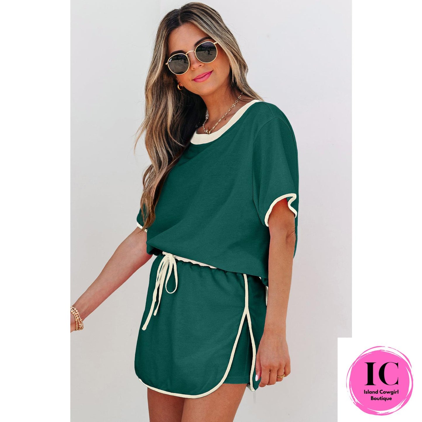 Turquoise Colorblock Edge Drop Shoulder T Shirt and Skort