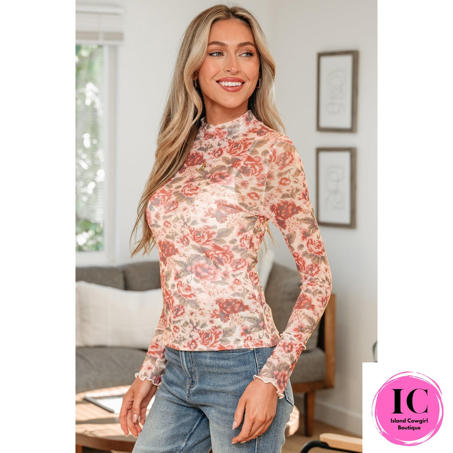 White Retro Floral Print Mock Neck Mesh Long Sleeve Top
