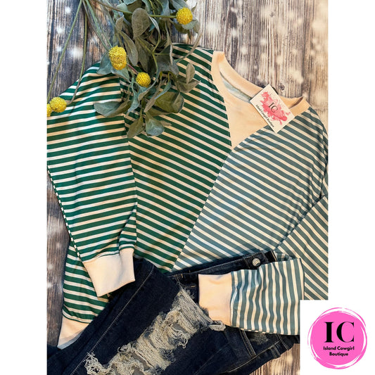 Let's Stay In Green Striped Sweatshirt