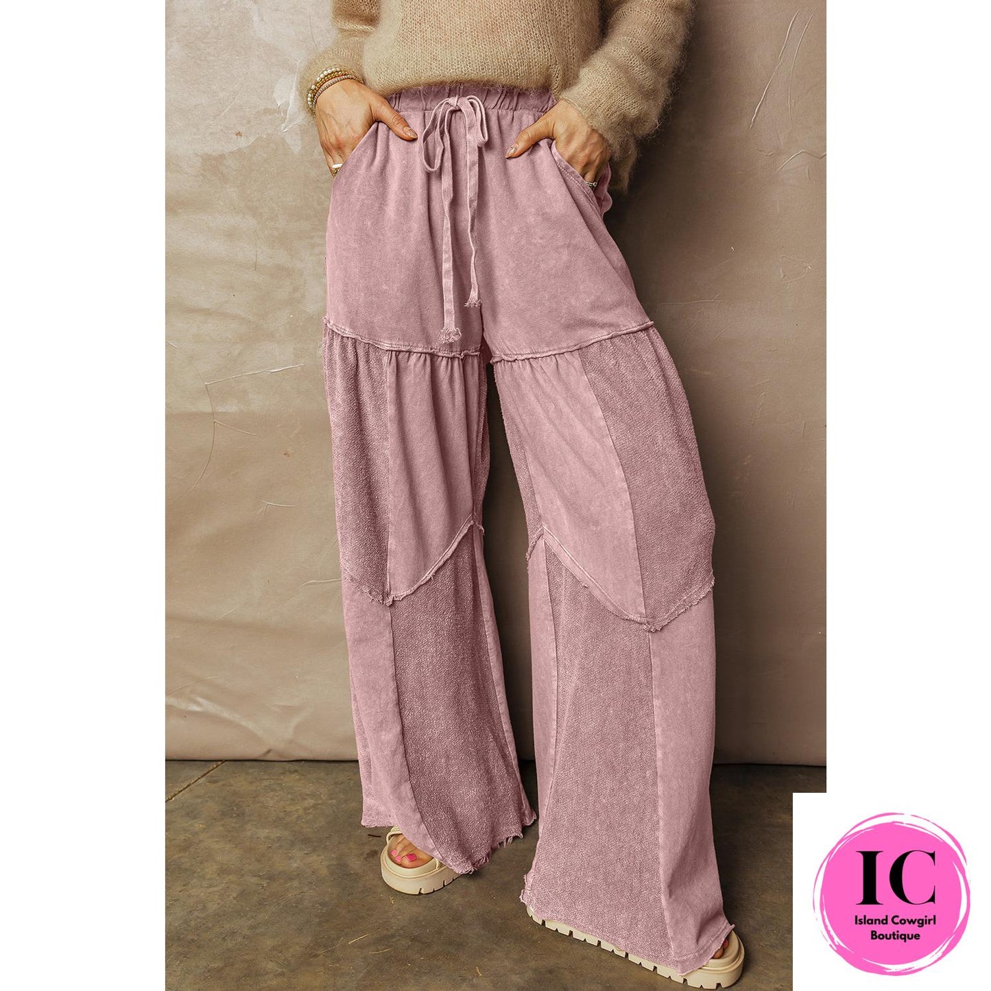 Wild Ginger Careys Mineral Wash Tiered Wide Leg Patchwork Drawstring Pants