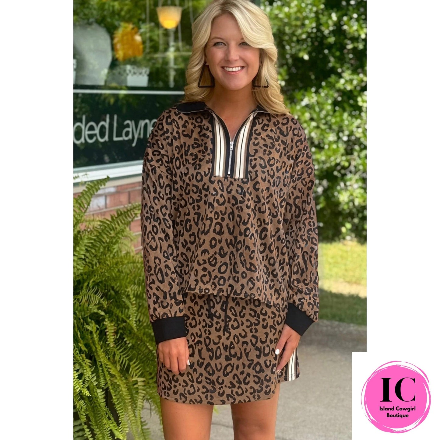 Khaki Leopard Print Quarter Zip Long Sleeve Top Mini Skirt Set