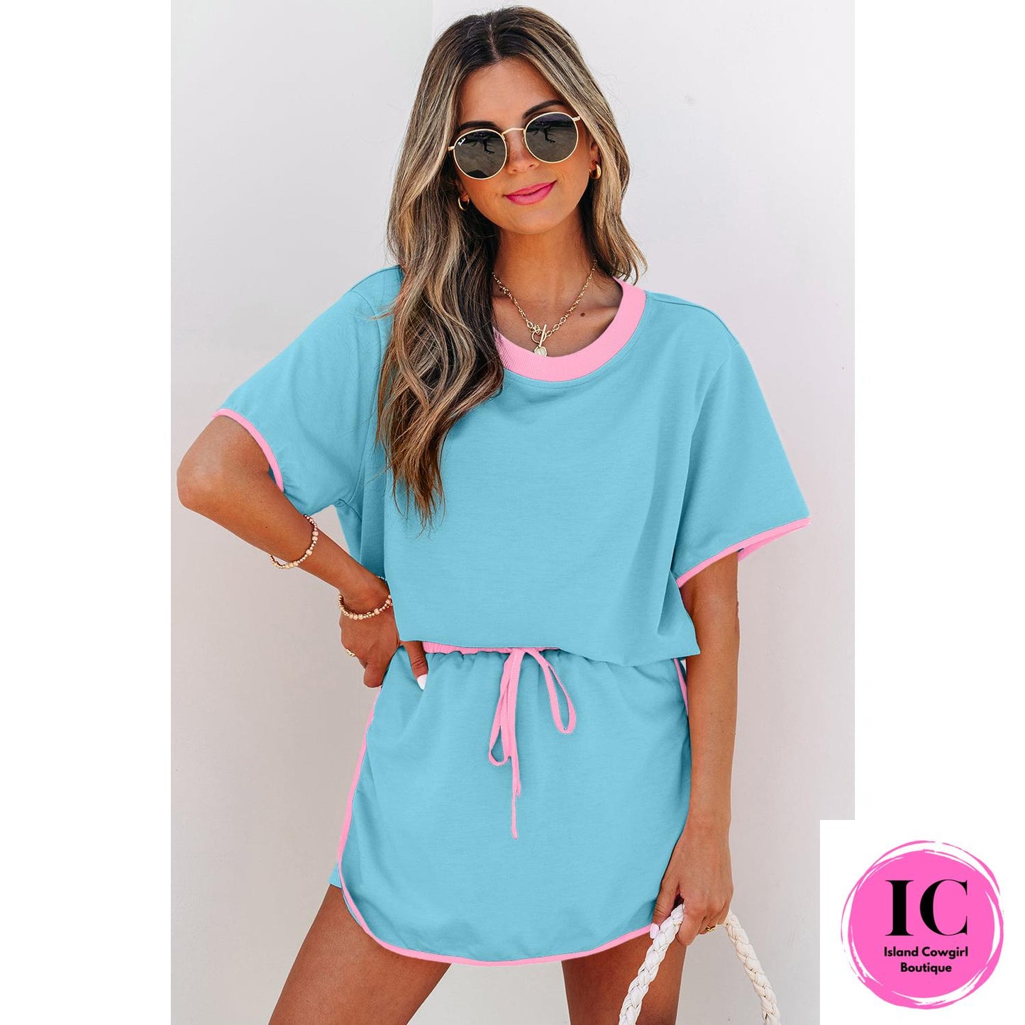 Turquoise Colorblock Edge Drop Shoulder T Shirt and Skort