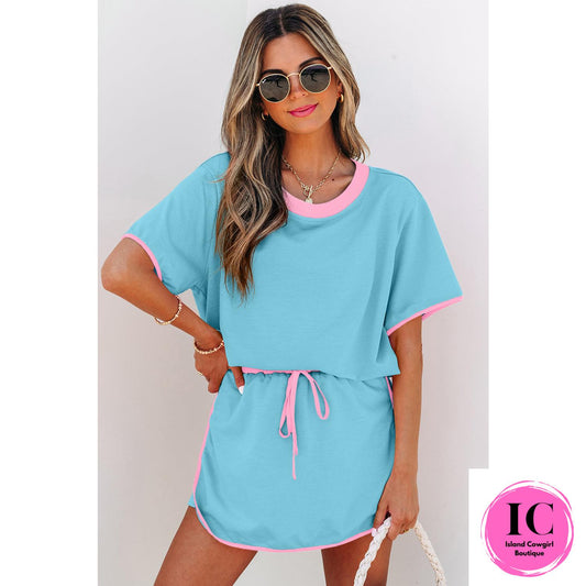 Turquoise Colorblock Edge Drop Shoulder T Shirt and Skort