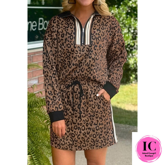 Khaki Leopard Print Quarter Zip Long Sleeve Top Mini Skirt Set