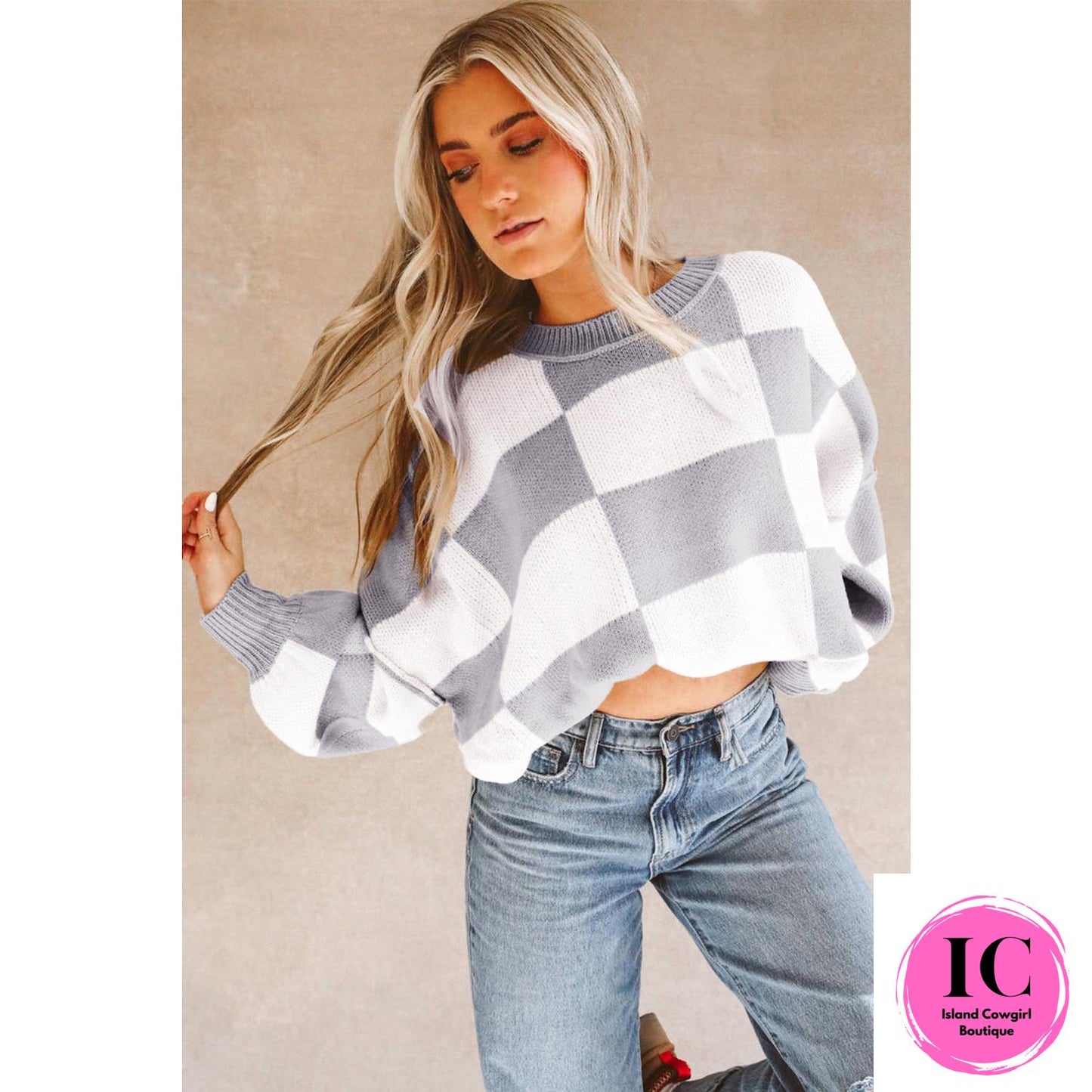 Dark Brown Checkered Bishop Sleeve Sweater