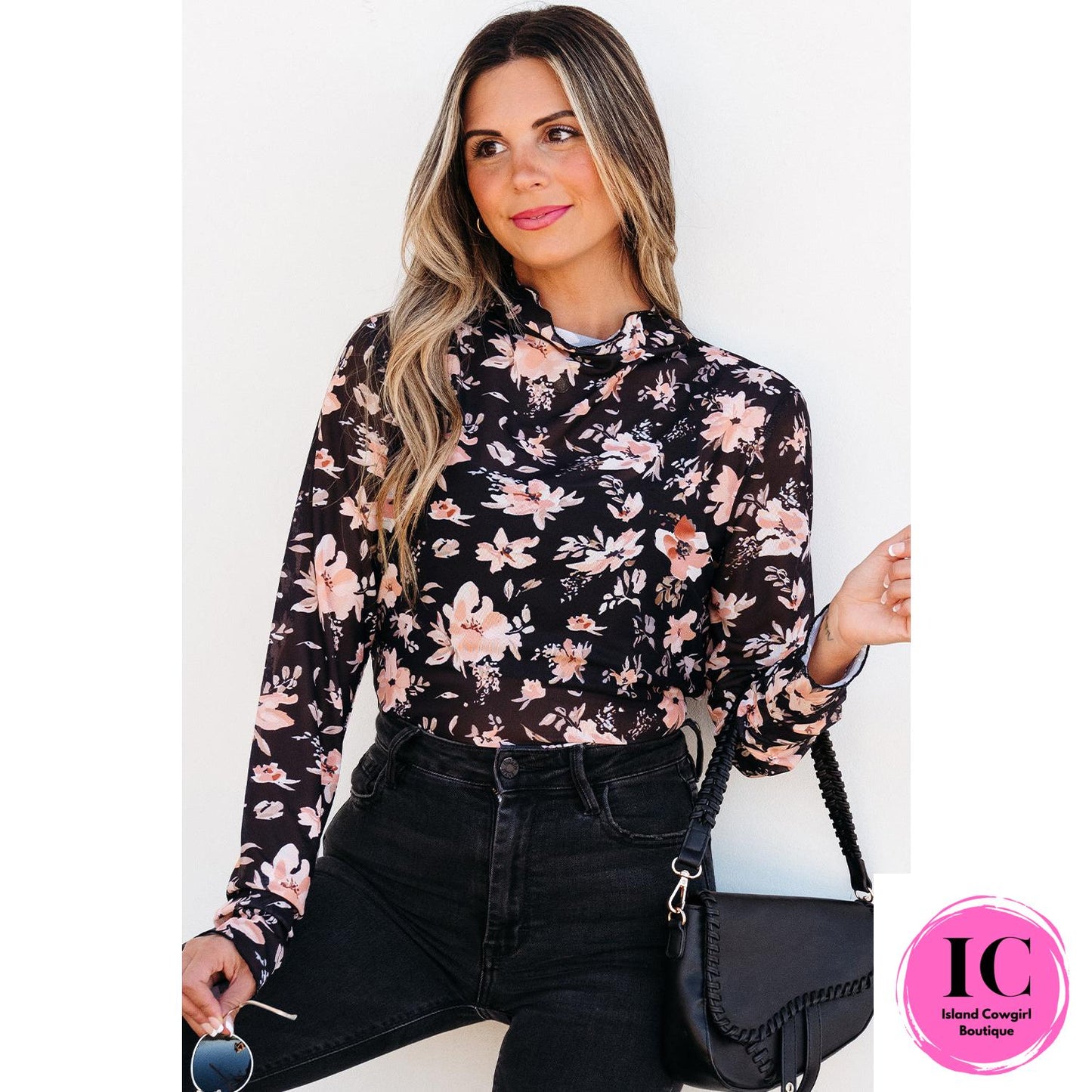 Black Floral Mesh Mock Neck Long Sleeve Slim Fit Top