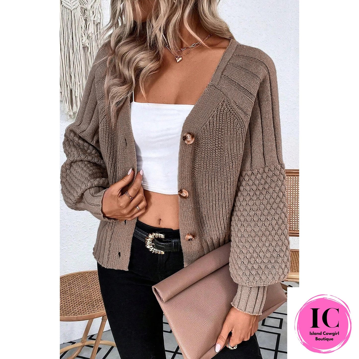 Light Pink Mixed Texture Knit Button V Neck Sweater Cardigan