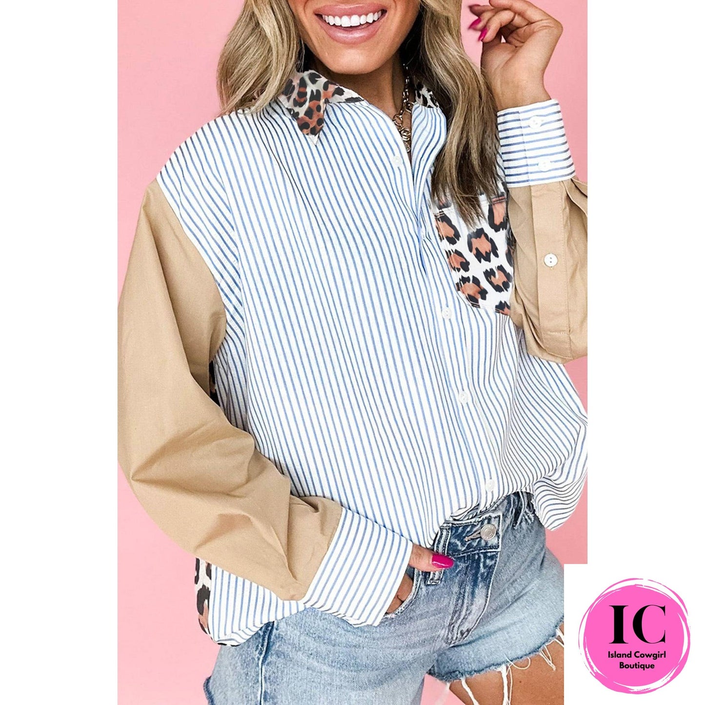 Sky Blue Stripe Colorblock Leopard Patchwork Chest Pocket Cuffed Sleeve Shirt