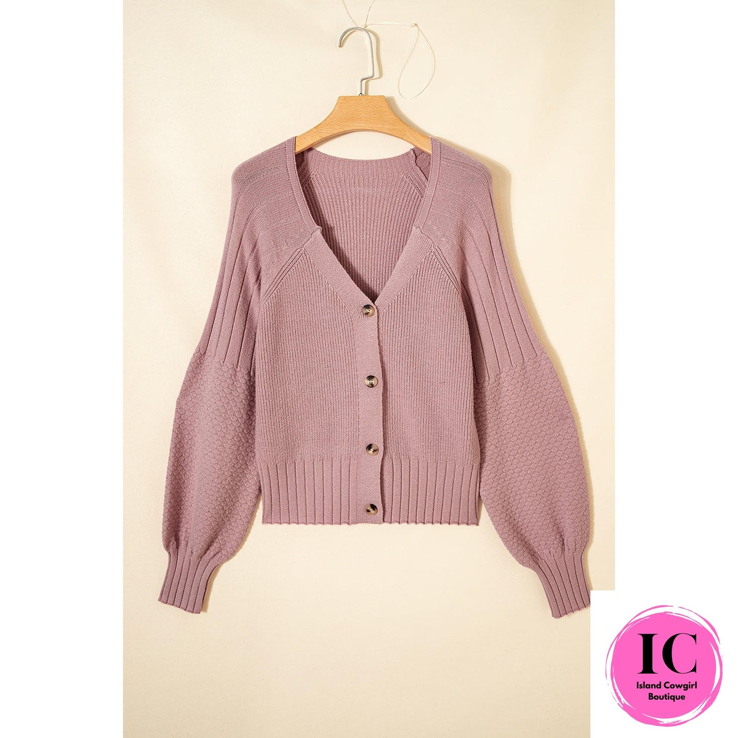 Light Pink Mixed Texture Knit Button V Neck Sweater Cardigan