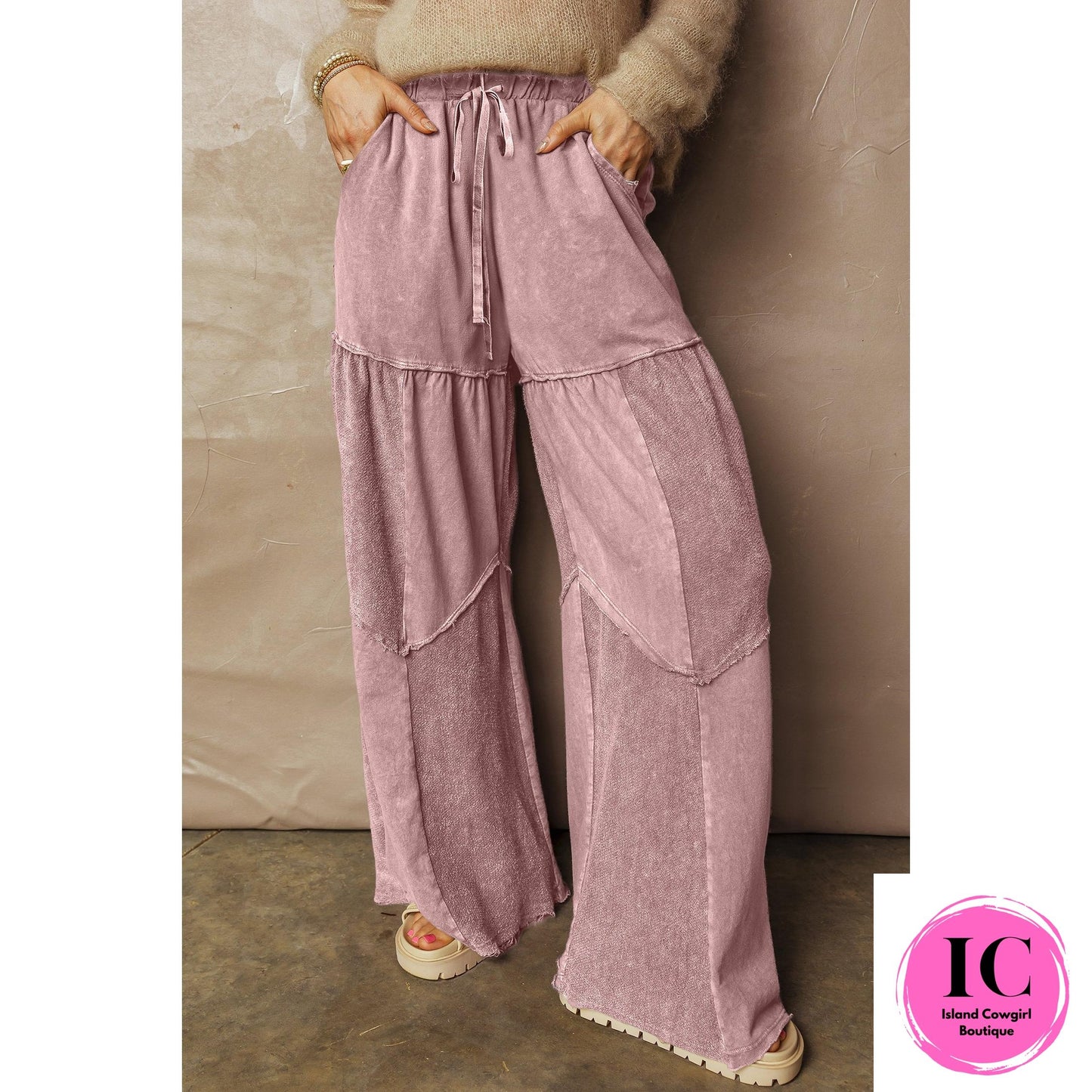 Black Mineral Wash Tiered Wide Leg Patchwork Drawstring Pants