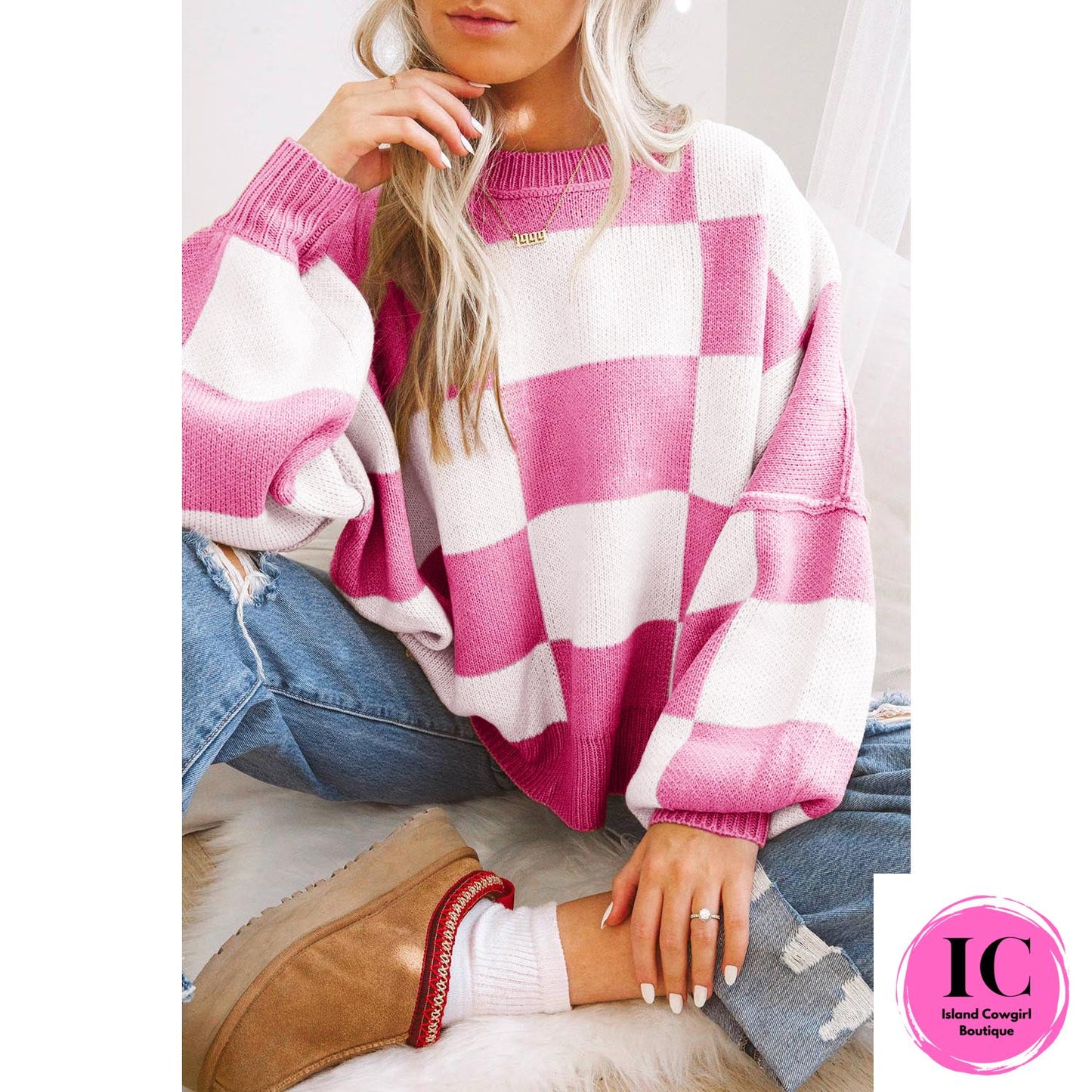 Dark Brown Checkered Bishop Sleeve Sweater