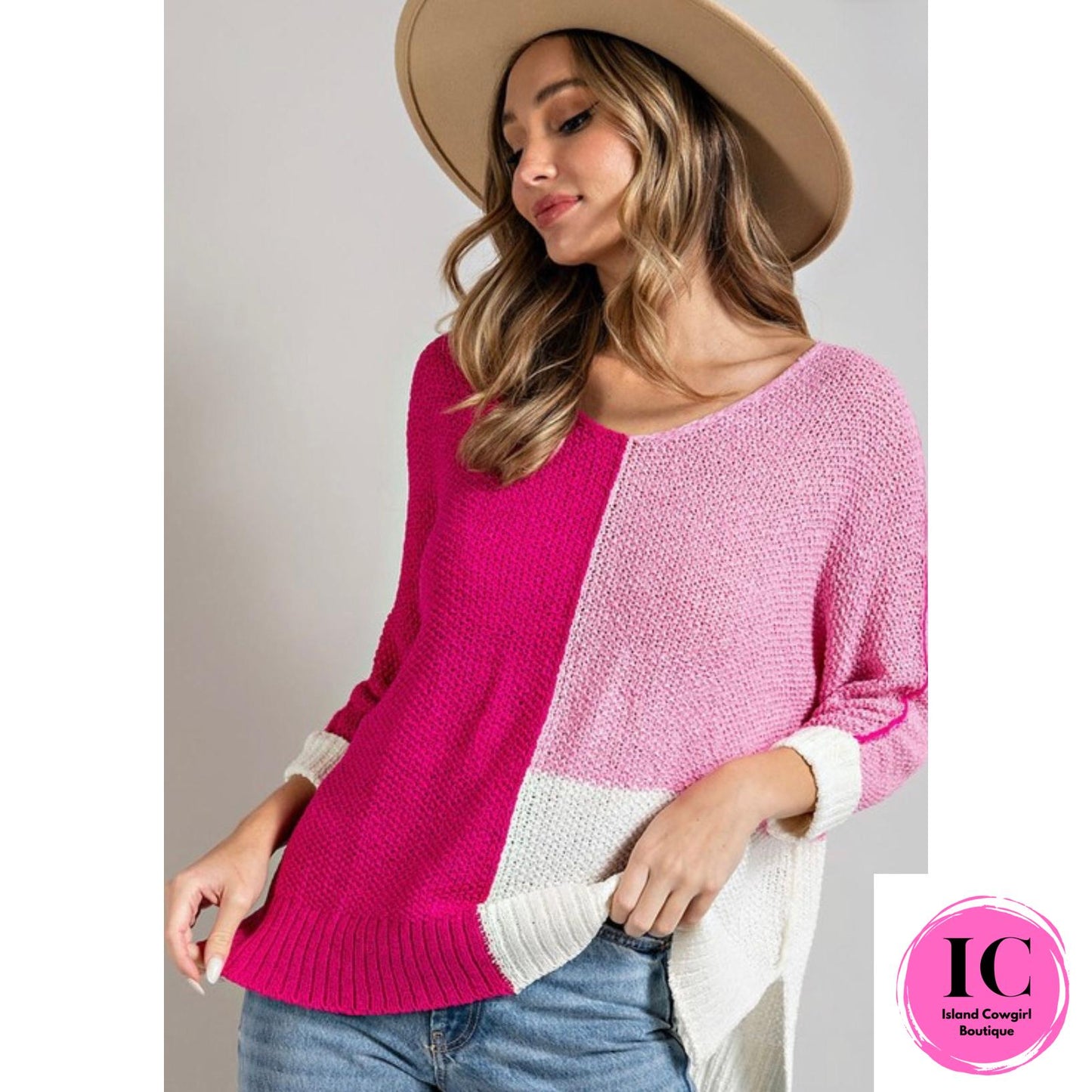 Once Around The Block Magenta Colorblock Sweater