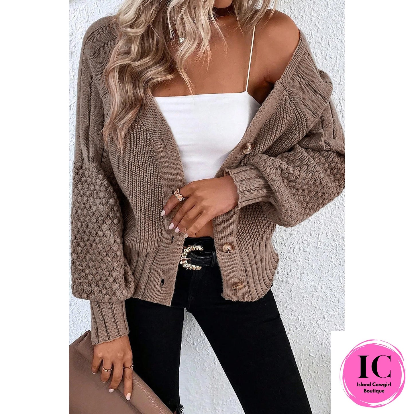 Light Pink Mixed Texture Knit Button V Neck Sweater Cardigan