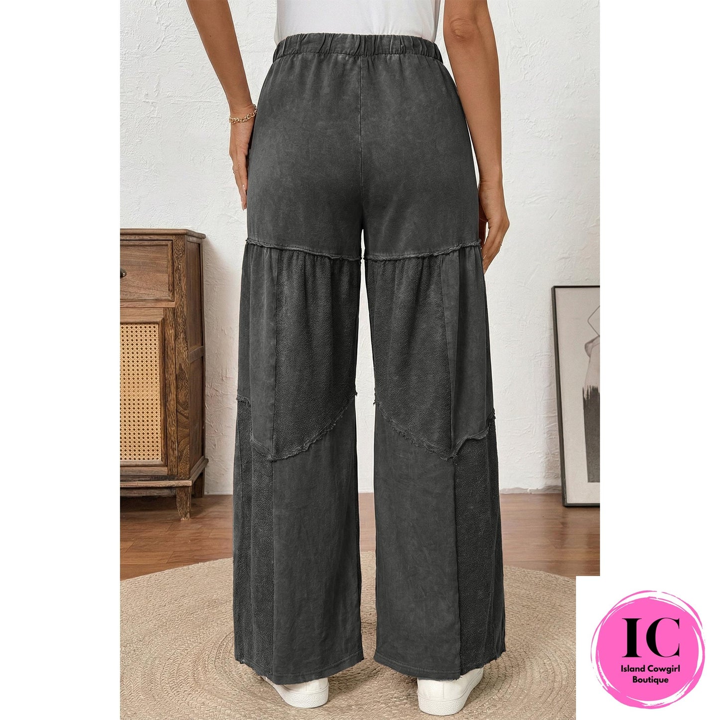 Black Mineral Wash Tiered Wide Leg Patchwork Drawstring Pants