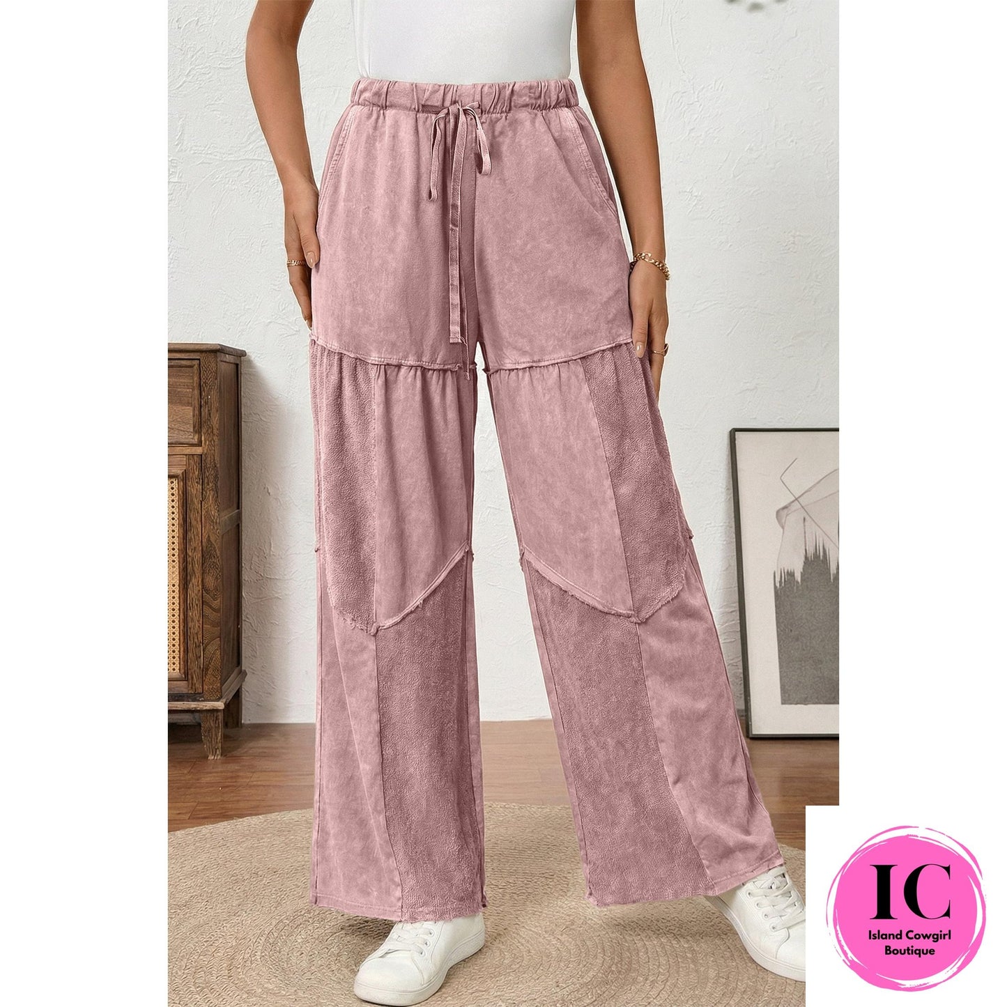 Black Mineral Wash Tiered Wide Leg Patchwork Drawstring Pants