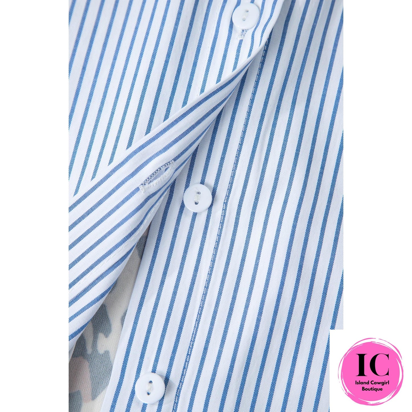 Sky Blue Stripe Colorblock Leopard Patchwork Chest Pocket Cuffed Sleeve Shirt