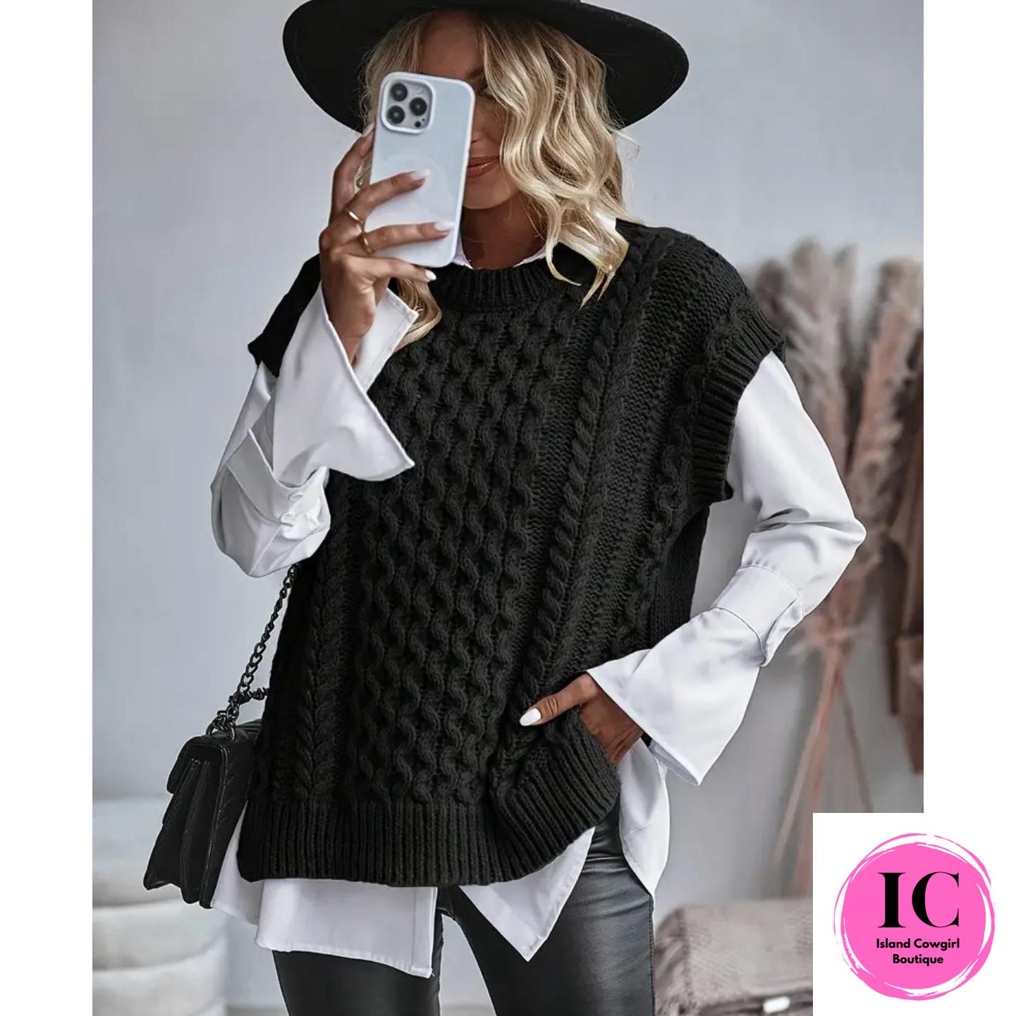 Cozy Cable Knit Black Crew Neck Vest