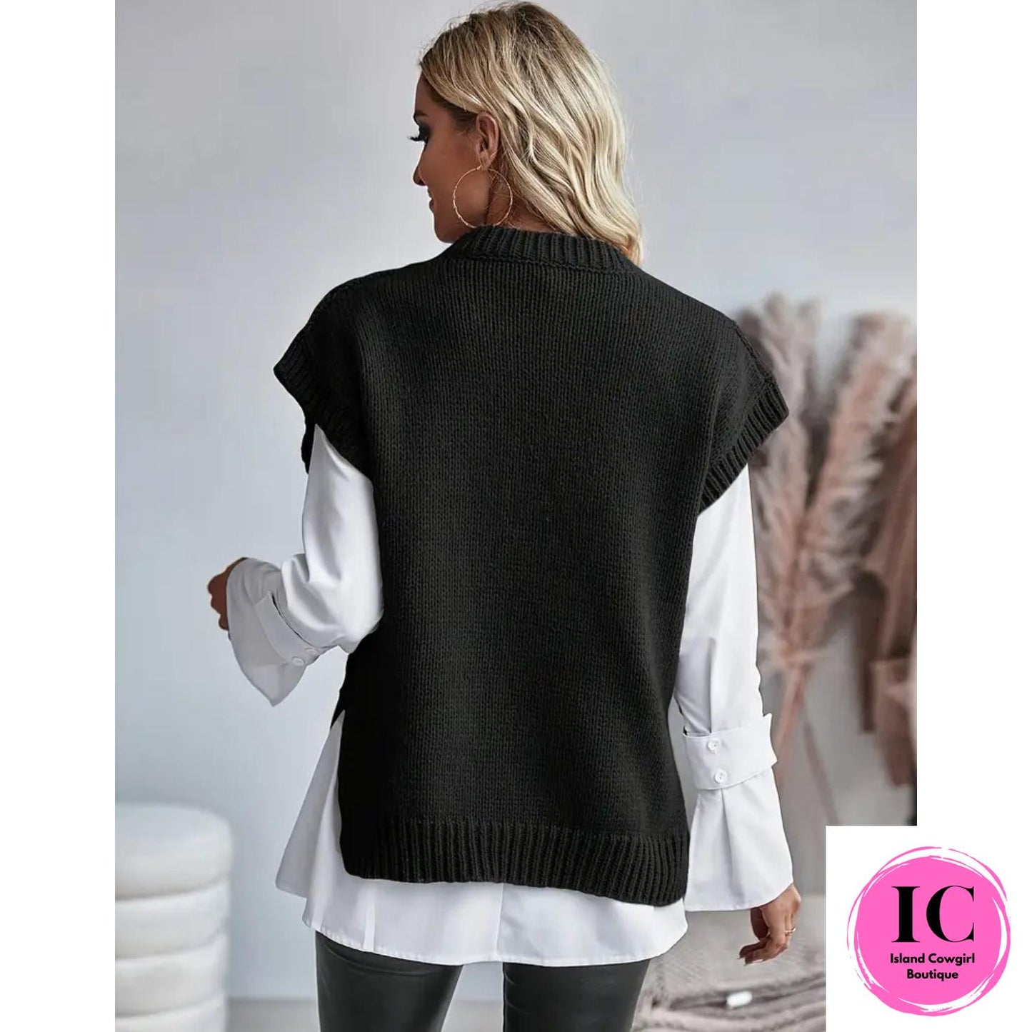 Cozy Cable Knit Black Crew Neck Vest